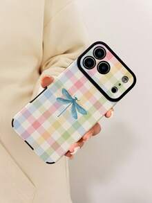 1pc New Fashion Colorful Plaid Dragonfly Pattern Shockproof Large Window Vertical Texture Faux Leather Soft Phone Case, Daily Protection Essential, Style, Perfect Gift For Friends, Family, Etc., For IPhone18/18PRO/18PROMAX/17/17Air/17Pro/17ProMax/IPhone16/16Plus/16Pro/16ProMax/IPhone15/14/13/12/11series - Multicolor - View 3
