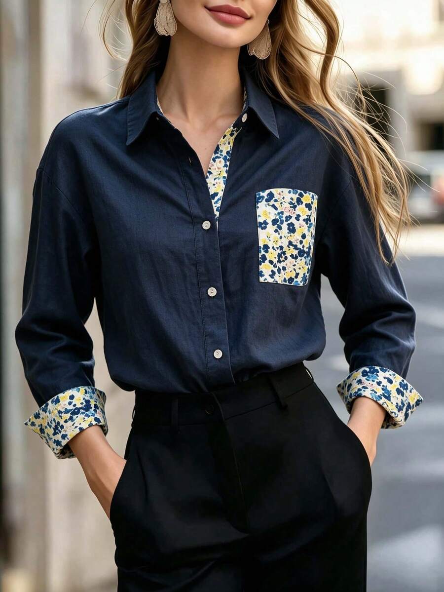 Women's Chic Long Sleeve Button Front Shirt With Floral Pocket, Woven Fabric Regular Fit Shirt Collar Blouse With Floral Trim Cuffs Spring Fall Winter - Navy Blue - View 1