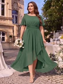 EVERPRETTY Plus Size Elegant Chiffon Bridesmaid Dress, Ruffle Sleeve Asymmetrical Hem Bodycon Dress, Suitable For Summer Autumn Outdoor Party Wedding Guest Fall - Green - View 7