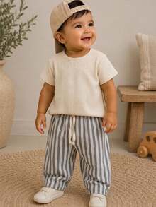 3Pcs/Set Baby Toddler Khaki White Vertical Striped Elastic Waist Drawstring Wide Leg Pants Summer Breathable Casual Children Long Pants - Multicolor - View 5