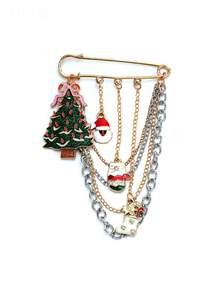 Vintage Alloy Glitter Enamel Christmas‑Themed Ornament Chain Tassel Safety Pin Brooch For Women, For Parties And Gifting - Multicolor - View 2