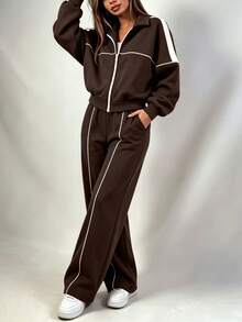 Women's Casual Brown 2 Pieces Sportswear Set, Includes Lapel Zip-Up Jacket And Long Pants, Suitable For Daily Wear - Brown - View 3