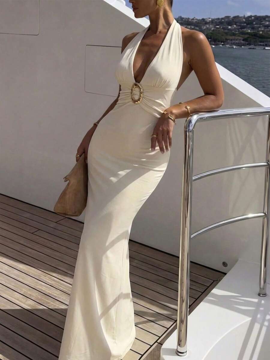 女款白色優雅掛脖深V領O型環露背修身長洋裝,夏秋晚宴禮服 - 淡黃色 - 查看 1