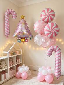 6pcs/Set Pink Christmas Tree Candy Cane Round Ball Balloon Set, Christmas Party Decoration Supplies, Themed Birthday Party Decor, Holiday Photo Props, Christmas Decorative Balloons - Christmas - View 5