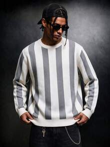 SU ER 1pc Men's Autumn/Winter Casual Striped Knit Top - Light Grey - View 3