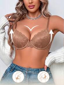 Women's Lace And Steel Hoop Gathered Bra, Shaping The Back Curve, Enhancing The Chest, Sexy And Comfortable, Suitable For Daily And Special Occasions - Coffee Brown - View 1