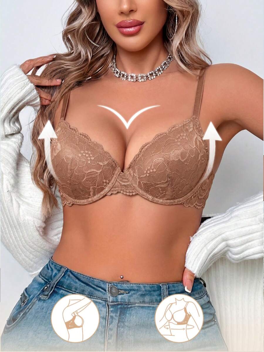 Women's Lace And Steel Hoop Gathered Bra, Shaping The Back Curve, Enhancing The Chest, Sexy And Comfortable, Suitable For Daily And Special Occasions - Coffee Brown - View 1