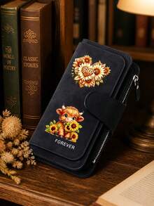 Printed Pu Wallet With Scottish Highland Bull Hug Sunflower And Leopard Print Heart-Shaped Floral Pattern, Can Be Used As A Wallet, Card Bag, Handbag, And Multifunctional Storage Bag. It's The Perfect Gift For Birthdays, Thanksgiving, And Christmas,Travel Essential - Multicolor - View 4