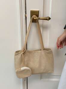 1pc Fashionable Minimalist Solid Color Large Capacity Tote Bag, Suede Versatile Shoulder Bag, Small Bag Attachment Design Underarm Bag, Suitable For University, Commuting, Shopping, Street Shopping, Daily Use - Khaki - View 6