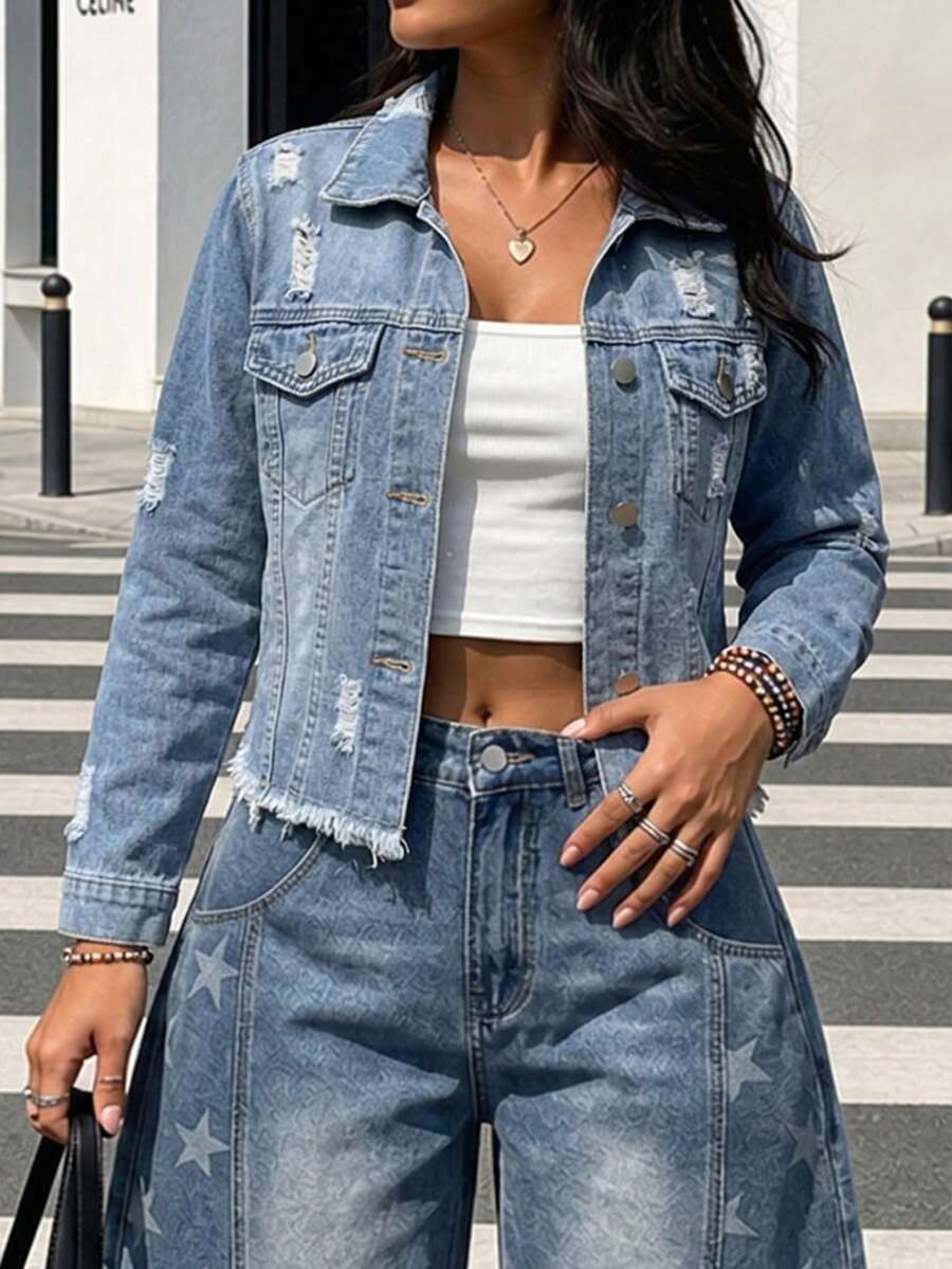 Women's Street Distressed Slim Fit Denim Short Jacket - Light Wash - View 1