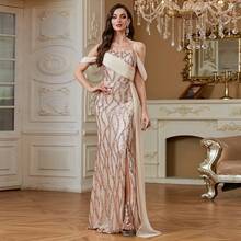hezixi Sequin Spaghetti Strap Chiffon Flowing Evening Gown - Champagne - View 13