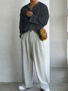 男士亨利領華夫格針織長袖防曬T恤，輕量透氣上衣，美式休閒風底層衣，四季皆宜的百搭選擇 - 深灰色 - 查看 7