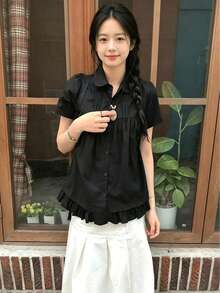 2025 Summer New Korean Style Sweet & Youthful Floral Lace Patchwork Short Sleeve Blouse Black - Black - View 3