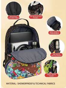 Fashionable Unisex Backpack, Large Capacity Spray Paint Ground Pattern, Back To School, Outdoor Travel Commute Laptop Backpack, Perfect Gift Choice For Kids - Brown - View 5