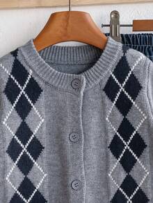 Boys' Preppy Argyle Jacquard Round Neck Button Long Sleeve Knit Cardigan Sweater, Color Block Pattern, Casual Versatile For Daily Wear And School, Spring/Autumn/Winter - Grey - View 3