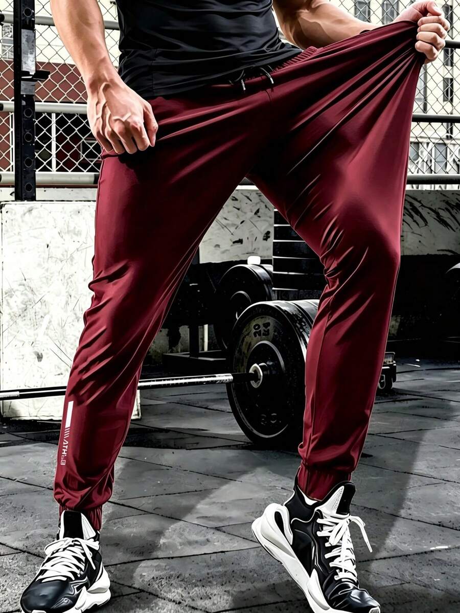 Men's Fashion Sports Long Pants, Dual Zipper Pockets, Drawstring Waist, Comfortable Fabric, Breathable, Suitable For Gym Training, Daily Wear, Outdoor Activities, Jogging, Travel - Red - View 1