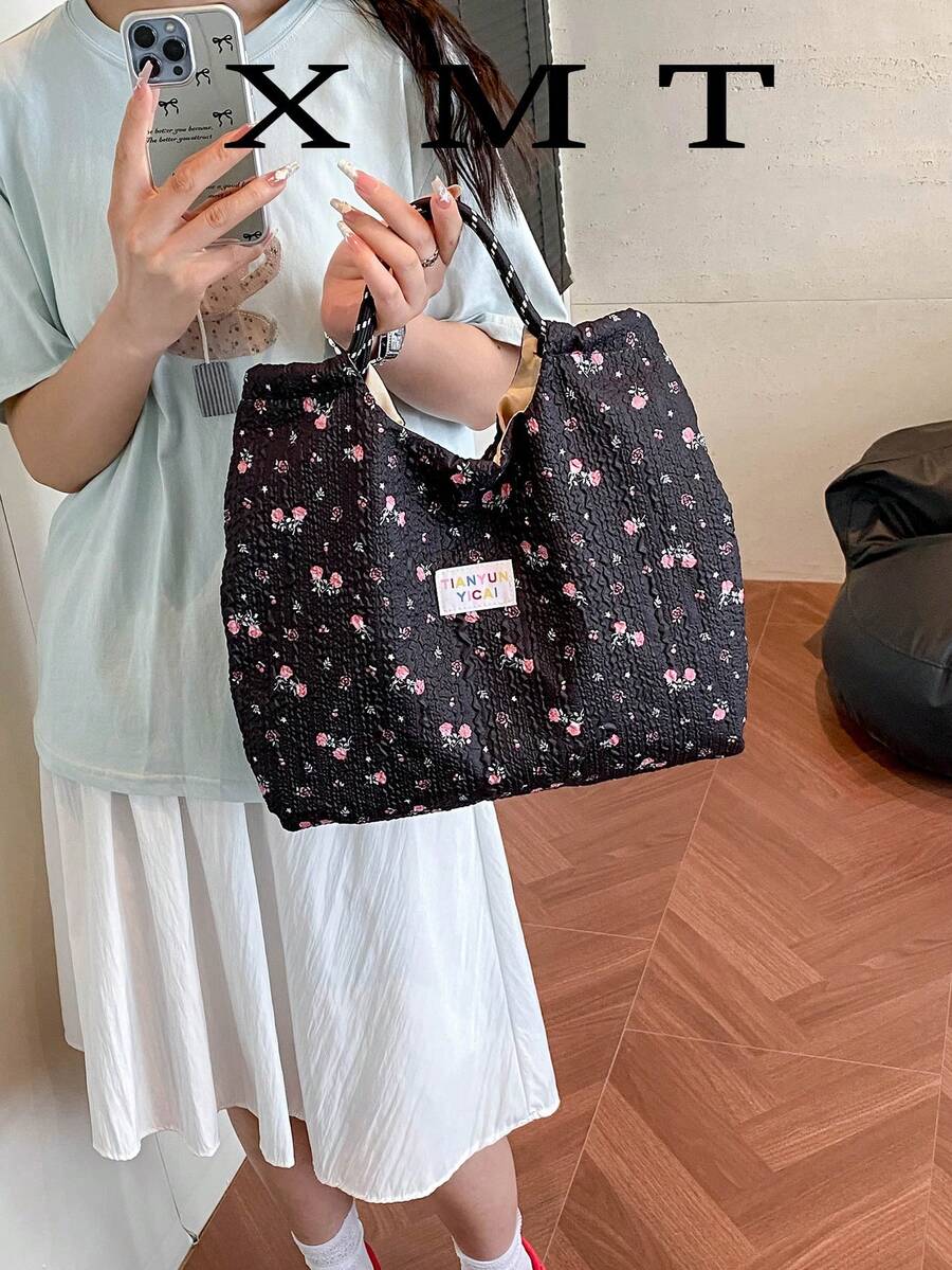 Vintage Fashion Floral Pattern Tote Bag, Korean Style Casual Large Capacity Shoulder Bag, Suitable For Women Travel And Vacation - Black - View 1