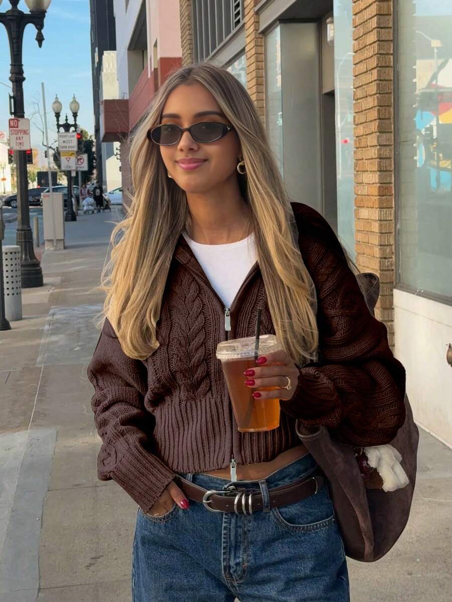 Senya Autumn/Winter New Vintage Oversized Lapel Double Zipper Cable Knit Cardigan, Loose Drop Shoulder Casual Short Commuter Sweater Fall - Coffee Brown - View 1