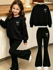 2pcs/Set Girls Minimalist Casual Bow Print Crew Neck Sweatshirt & Flared Pants Set, Autumn/Winter Fashion Comfortable New Style - Black - View 1