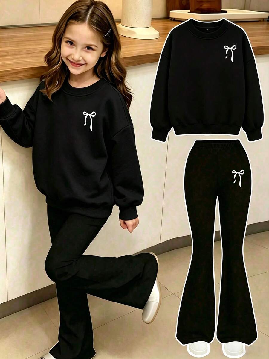 2pcs/Set Girls Minimalist Casual Bow Print Crew Neck Sweatshirt & Flared Pants Set, Autumn/Winter Fashion Comfortable New Style - Black - View 1