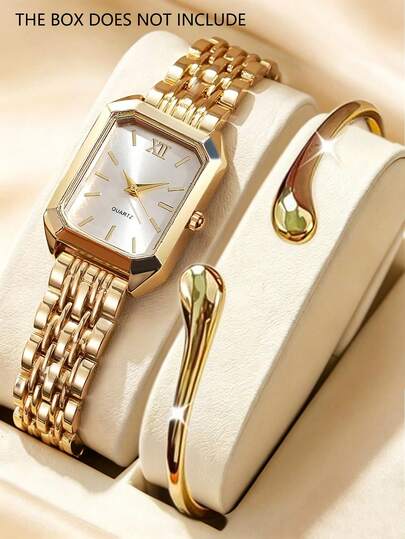 2PCS Women's Gold Metal Strap Watch Set, Gold Square Watch, Minimalist Classic Style, Paired With Simple Open Gold Women's Teardrop Bracelet, Elegant Luxury Hand Jewelry, Luxury Women's Gift, Suitable For Graduation Anniversary Gift, Exquisite Elegant Women's Accessory Set.