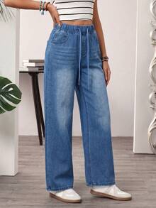 1 buah Celana Jeans Denim Kasual dengan Motif Kumis Kucing dan Tali Serut, Cocok untuk Sekolah, Liburan, Pakaian Sehari-hari Sepanjang Musim, Kostum Halloween, Akhir Pekan Halloween, Keseruan Halloween - Medium Wash - View 4