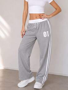 Women's Casual Contrast Color Belt, Digital Print Design, Side Stripe, Straight Leg Pants, Suitable For All Seasons, Can Be Used As Gift, Holiday Wear. 1pc - Grey - View 3
