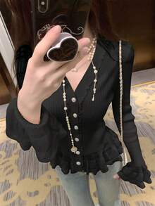Women's New Autumn/Winter Versatile Knit Cardigan With Ruffle Hem, Long Sleeve Slim Fit V-Neck Sweater - Black - View 1