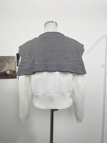 韓式女款修身圓領撞色刺繡針織開襟外套，秋季甜酷風披肩針織上衣 - 白色 - 查看 7