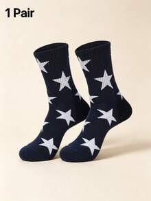 Men's Navy Blue Base White Five-Pointed Star Ribbed Cuff Combed Cotton Breathable Casual Mid-Calf Socks For Daily Commute - Navy Blue - View 5