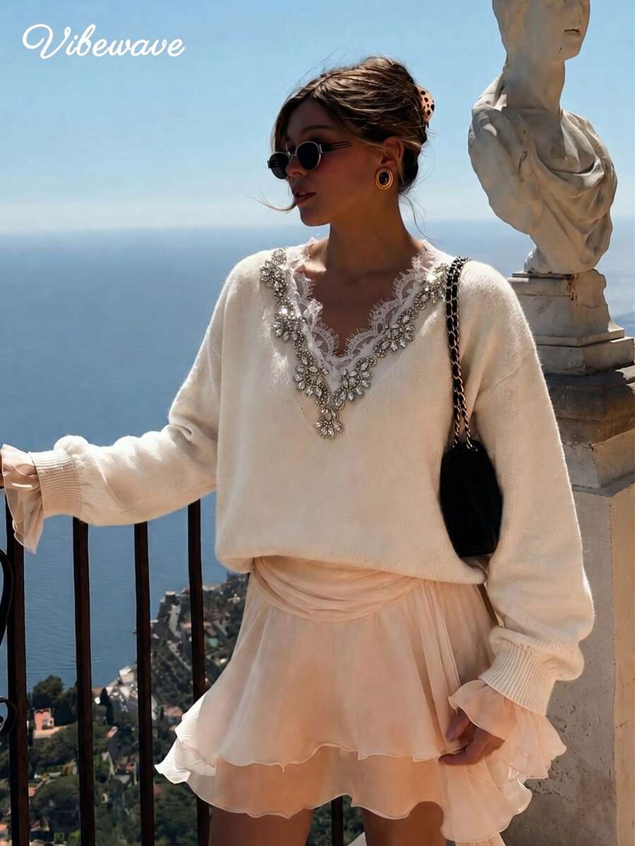 VIBEWAVE Loose V-Neck Lace Rhinestone Embellished Beige Knit Sweater, European And American Luxury Vacation Style Ruffle Long Sleeve Top, Soft Pullover For Spring And Autumn Beach Travel, Dating And Store Visiting - Apricot - View 1