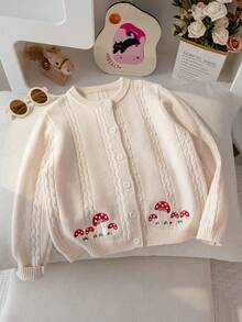 Girls' Sweet Mushroom Embroidered Cable Knit Round Neck Long Sleeve Cardigan Sweater Jacket, Casual Versatile For Daily Wear And School, Spring Autumn Winter - Apricot - View 1