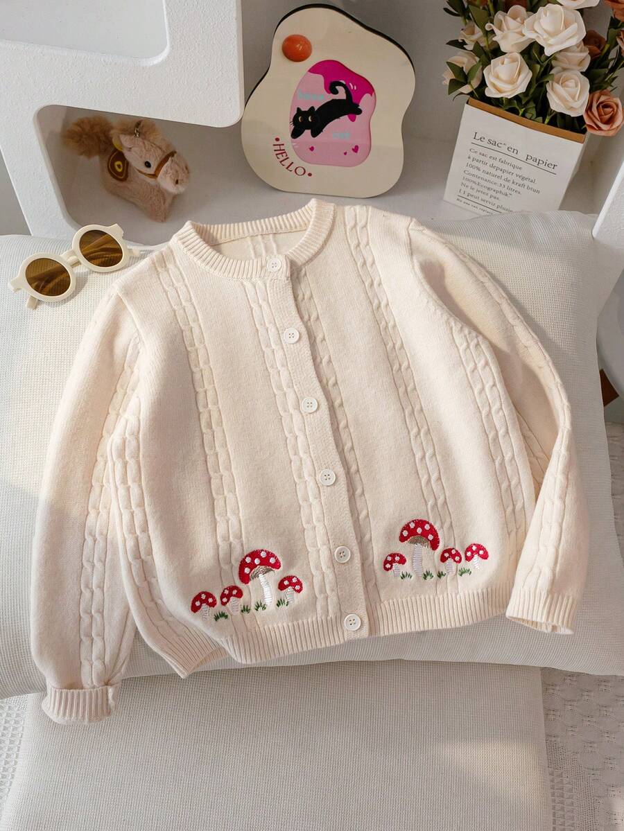 Girls' Sweet Mushroom Embroidered Cable Knit Round Neck Long Sleeve Cardigan Sweater Jacket, Casual Versatile For Daily Wear And School, Spring Autumn Winter - Apricot - View 1