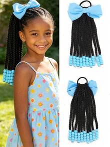 1pc Kids Black Curly Ponytail Wig With Beads, Elastic Synthetic Hair Extension - Multicolor - View 9
