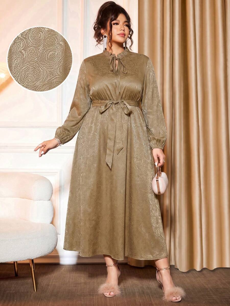 Plus Size Women's Fitted Satin Jacquard Tie-Up Long Sleeve Dress - Champagne - View 1
