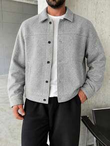 GloMan Old Money Style Men's Grey Wool Blend Button Side Pocket Loose Fit Jacket Coat, Warm For Autumn/Winter, Suitable For Commuting, Dating, Gathering, Party, Perfect For Husband/Father - Grey - View 4