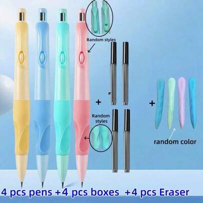 4pcs Automatic Pencils + 4 Boxes (32PCS) Refill Leads + 4 Erasers, 2.0mm HB Automatic Pencils, Correct Grip Posture, Prevent Lead Breakage, Suitable For School And Office Writing/Drawing Supplies, Back To School Essential With Built-In Sharpener, Correct Posture Pencil, 2.0mm Thick Lead, Not Easy To Break, Correct Posture Writing Automatic Pencil, Can Be Used For Writing, Drawing