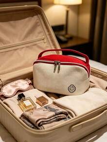 Shiseido Two‑Tone Cosmetic Bag With Top Handle Portable Durable Travel Friendly Makeup Toiletry Storage Pouch Ideal For Personal Use & Holiday Gift SHISEIDO‑GIFT‑12 - Red + White - View 3
