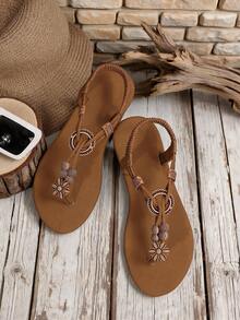 Bohemian Flower Bead Thong Sandals, Vintage Brown Elastic Ankle Strap Flat Flip-Flops For Beach Vacation - Brown - View 5