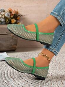 Square Toe Mesh Hollow-Out Elastic Strap Mary Jane Flat Breathable Thin Ballet Style Shoes - Green - View 2
