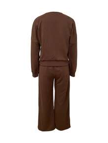 Autumn And Winter Commuting Elegant Women's Round Neck Sweatshirt Casual Daily Straight Tube Loose Pants Two Pieces Set - Dark Coffee - View 6