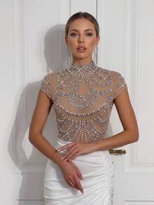 Modphy Luxury High Neck Sheer Mesh Beaded Rhinestone Mermaid Evening Gown, White Pleated Slim Fit Long Party Dress - Apricot - View 3