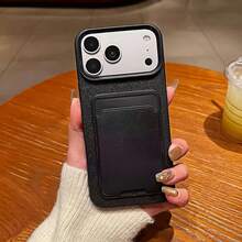 1件自黏式卡夾 + 磨砂荔枝紋 TPU 全包防摔極簡手機殼，適用 Apple 18 17 16 15 14 13 12 11 Pro Max/Plus 7/8/XR，防指紋保護殼 - 黑色 - 查看 1