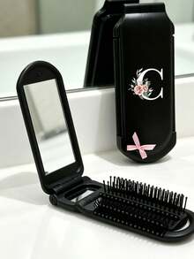 Premium Black Foldable Multi-Functional Mini Makeup Brush Set, With Air Cushion, A-Z Floral Letter Print, Massage Comb With Mirror, Detachable - Multicolor - View 2