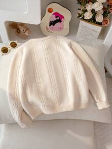 Girls' Sweet Mushroom Embroidered Cable Knit Round Neck Long Sleeve Cardigan Sweater Jacket, Casual Versatile For Daily Wear And School, Spring Autumn Winter - Apricot - View 2