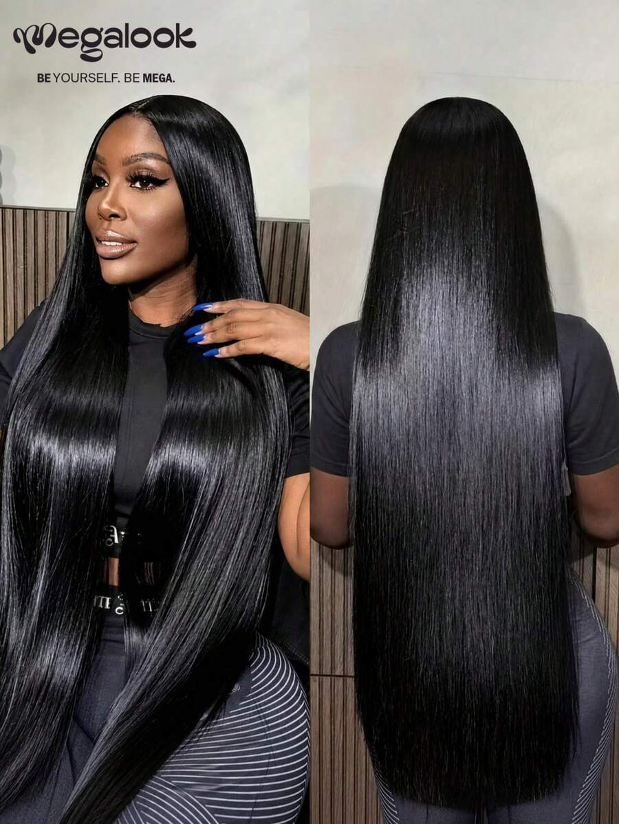 MEGALOOK 13x6 Super Long Straight 36 Inch 100% Human Hair Glueless Front Lace Wig Transparent Hairline 12-36 Inch 180% Density Suitable For Beginners Natural Look