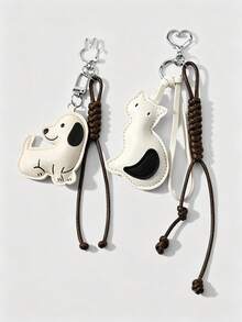 1pc Cartoon Multi-Color Leather Dog & Cat Handmade Braided Rope Keychain Bag Pendant - Multicolor - View 4