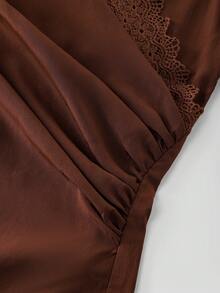 Elegant French Style Contrast Lace Draped Evening Date Spring Autumn Women's Blouse - Rust Brown - View 6