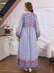 Plus Size Women's Loose Fit Geometric Floral Vintage Print Long Sleeve Dress - Multicolor - View 2