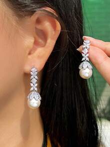 1 Pair Classy Silver Plated Long Leaf Cubic Zirconia Crystal Drop Pearl Dangle Earrings For Wedding Party Prom Daily To Women Girlfriends Wife Mother Gift - White - View 10